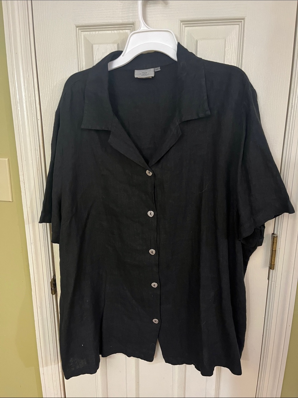 Hot Cotton Black Linen Short-Sleeve Button-Front Camp Shirt